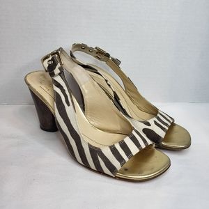 Kate Spade sling back open toe block heel brown+cream zebra print sandal Sz 7